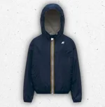 Giacca corta da bambino K-Way Jake Plus.2 reversibile, colore beige e blu insignia, con cappuccio e chiusura a zip. 1