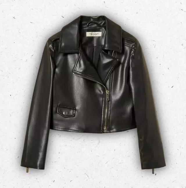 Giacca Chiodo Ragazza Twinset Nera Effetto Pelle con Zip Asimmetrica