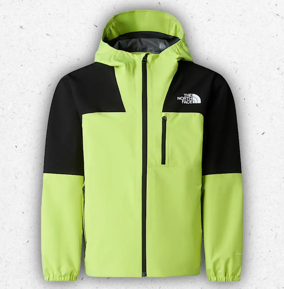 Giacca tecnica The North Face Hike Packable da ragazzo bicolore nera e lime, con logo bianco sul petto, cappuccio fisso e design impermeabile.