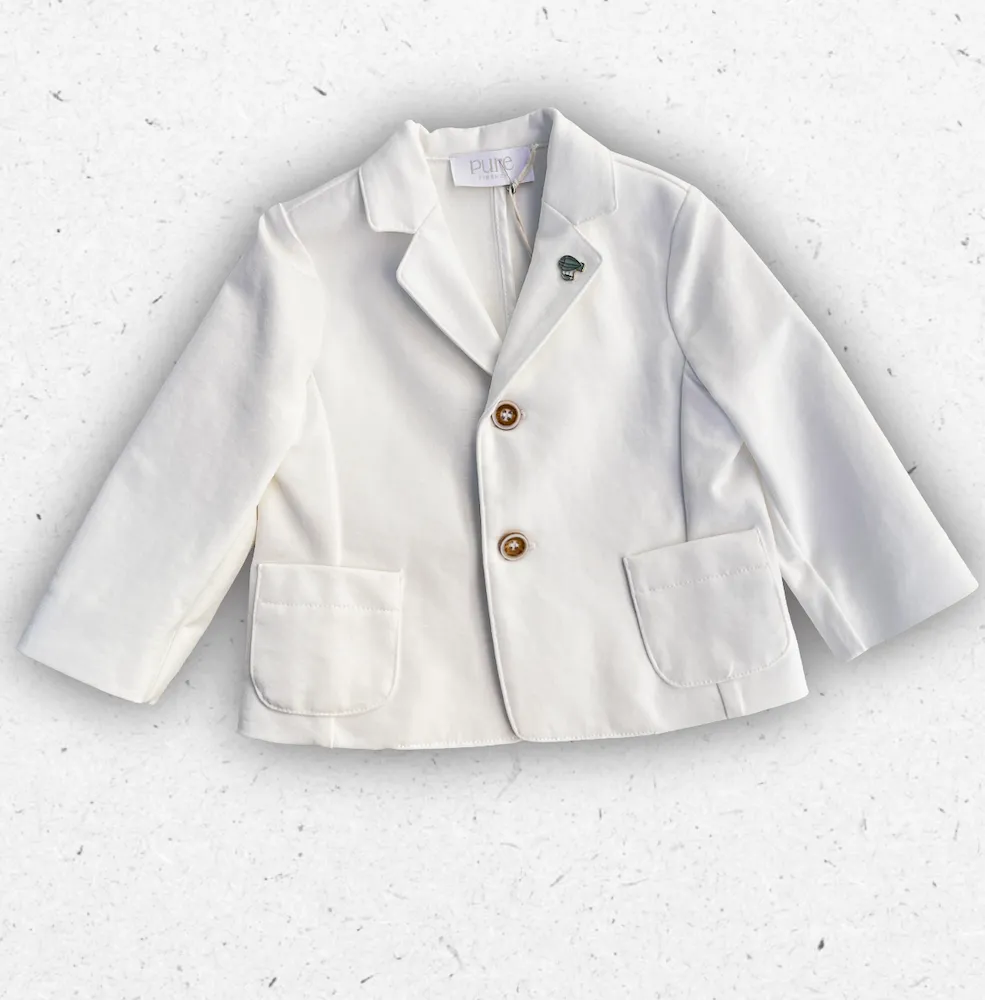 Giacca sartoriale per neonato Pure Firenze in punto Milano color panna con tasche a toppa, due bottoni e spilla decorativa mongolfiera.