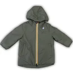 Parka K-Way foderato con orsetto per bambino, di colore verde militare/verdone, modello 3/4 impermeabile e antivento con cappuccio. 1