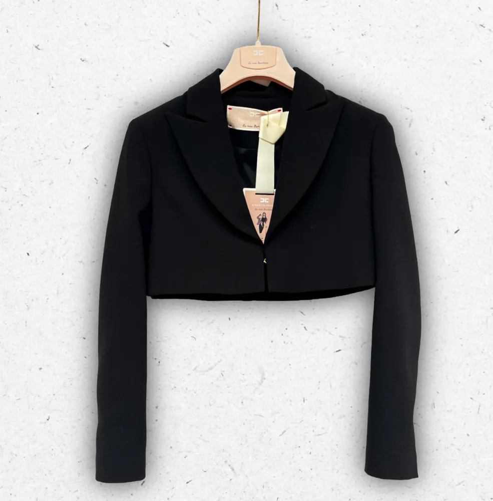 Giacca elegante modello spencer nera da ragazza firmata Elisabetta Franchi La Mia Bambina in tessuto crepe.