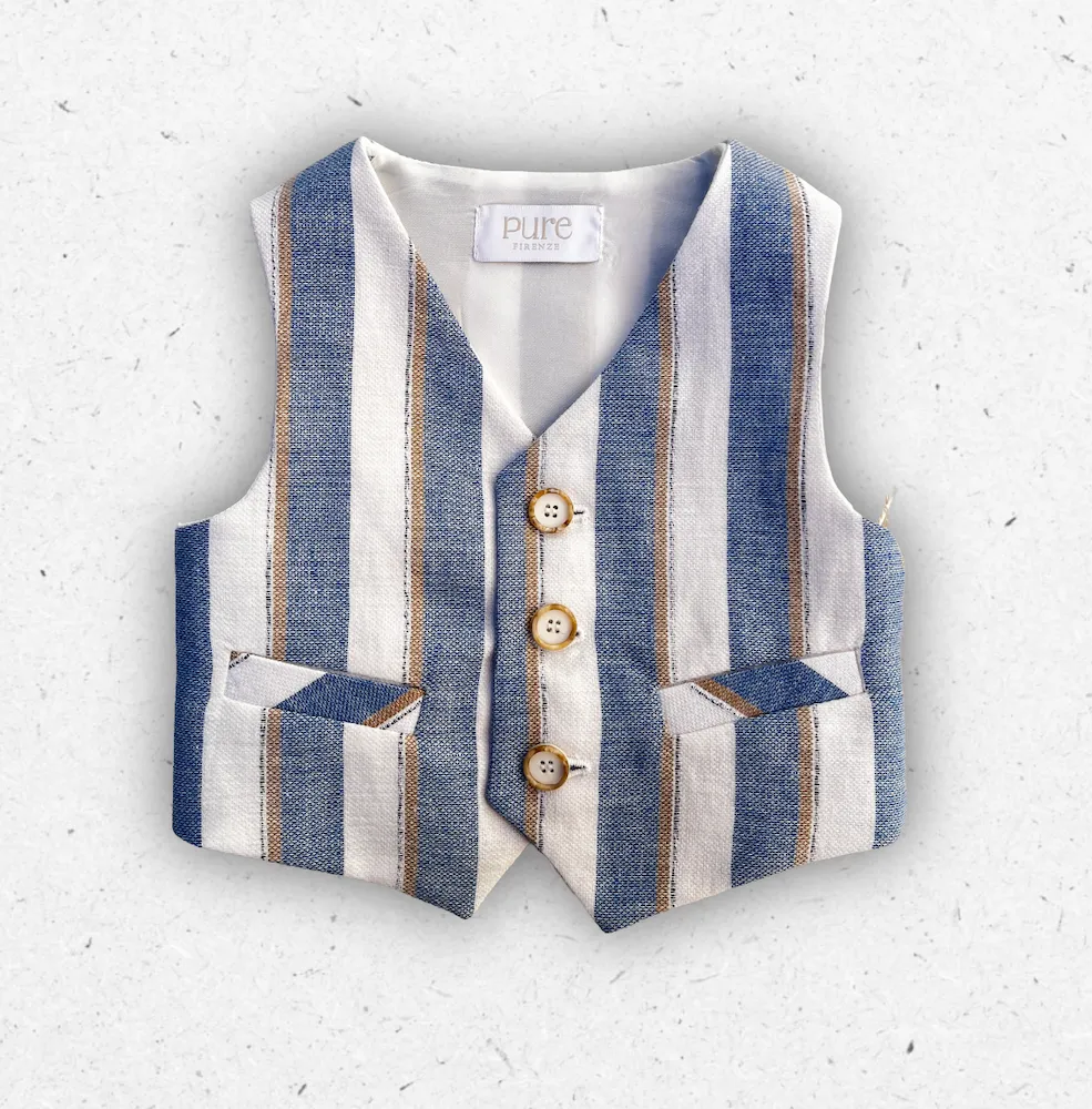 Gilet sartoriale per neonata Pure Firenze in misto lino a righe verticali bianche e azzurre, con bottoni effetto corno e scollo a V.