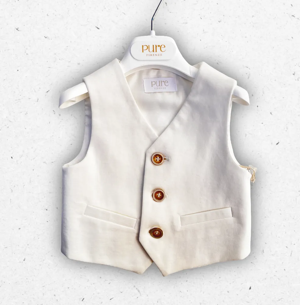 Gilet sartoriale smanicato per neonato Pure Firenze in punto Milano panna, con tre bottoni e finte tasche a filetto.