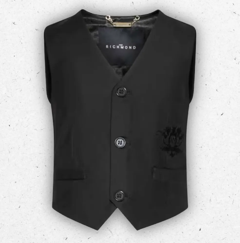 Gilet smanicato nero John Richmond da ragazzo con logo bianco stampato sul petto e chiusura a zip.