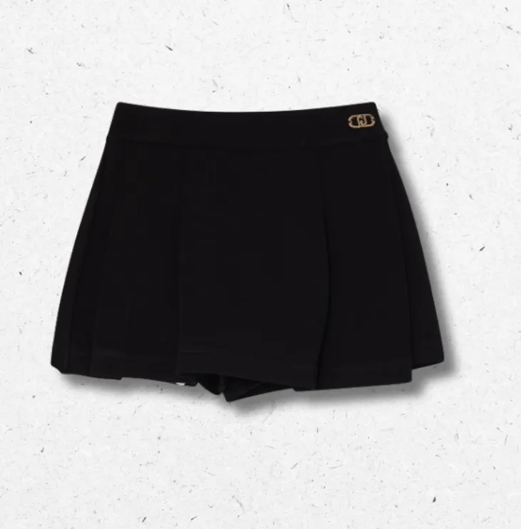 Gonna pantalone Liu Jo per bambina nera in jersey pieghettato, placchetta logo dorata, 2-8 anni