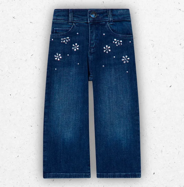 Jeans Bambina Liu Jo Denim Scuro Flare con Ricami Gioiello e Lavaggio Stonewash
