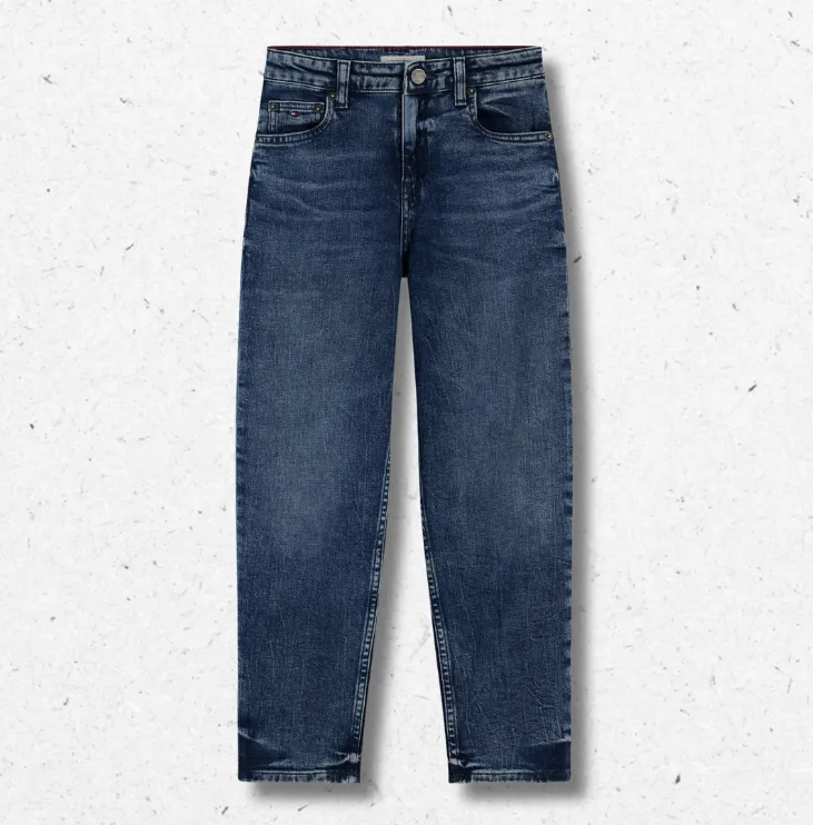 Jeans Tommy Hilfiger a gamba larga per ragazza in denim elasticizzato, effetto slavato e baffi, codice KG0KG09423