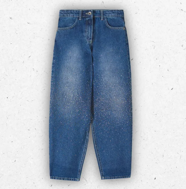 Jeans Ragazza Patrizia Pepe Baggy Balloon Denim con Strass Sfumati 8-12 Anni