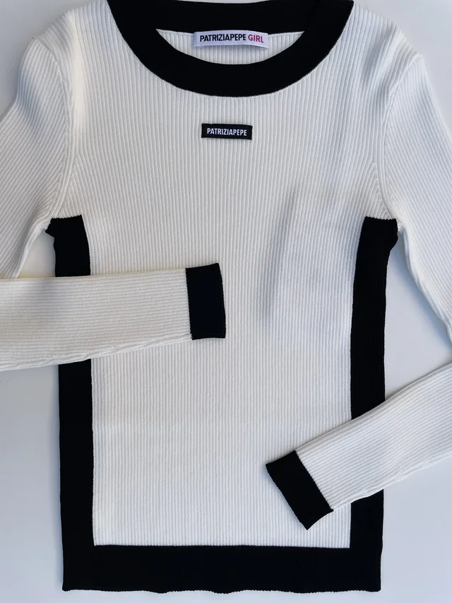 Maglia Knit maniche lunghe Patrizia Pepe Ragazza Bianca con Rifiniture Nere