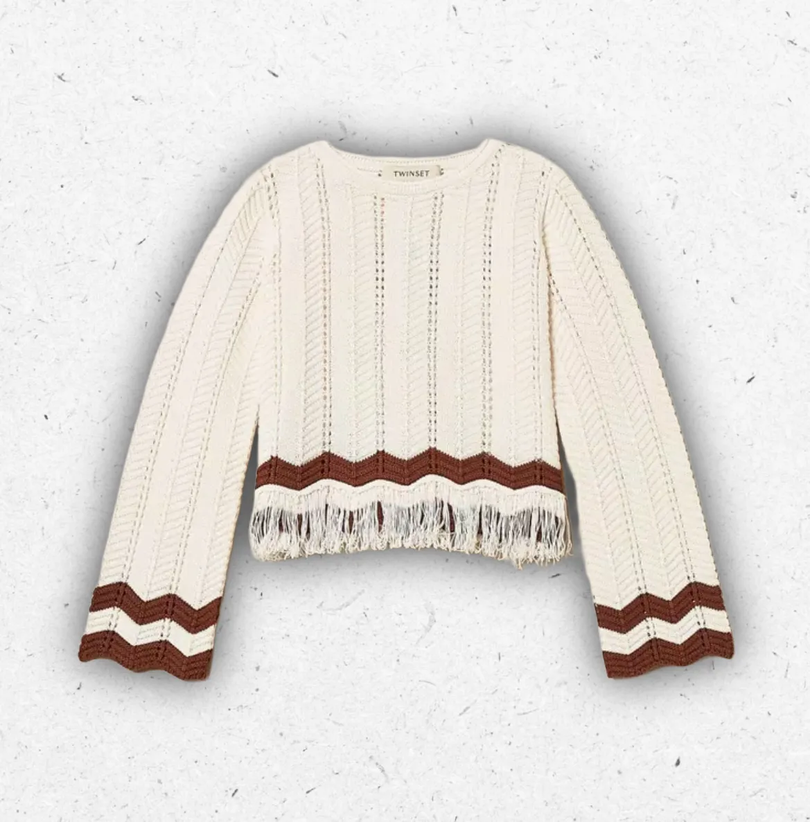 Maglia in cotone da ragazza Twinset Milano con motivo a zig-zag marrone e bianco e dettaglio di frange applicate.