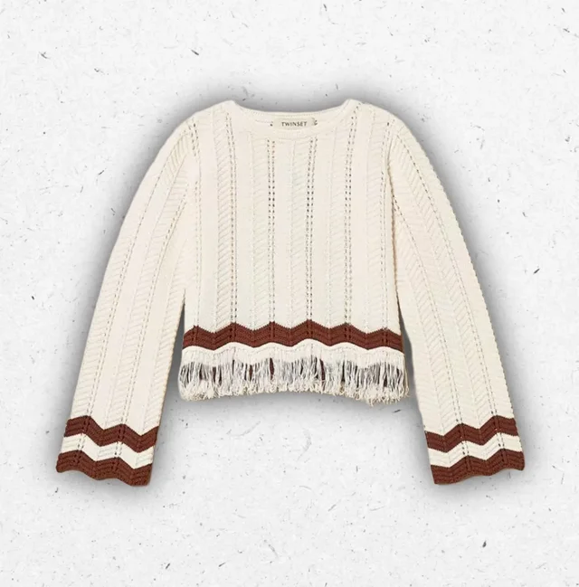 Maglia Ragazza Twinset Girocollo Zig-Zag con Frange Bicolore Bianco e Marrone
