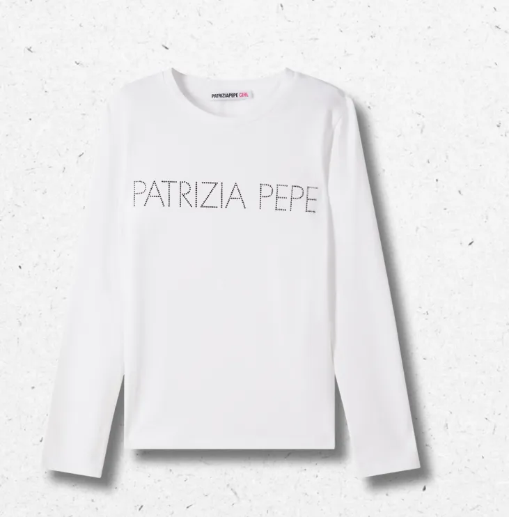 Maglietta Patrizia Pepe manica lunga da bambina, girocollo rotondo, applicazione decorativa, codice 7M0753