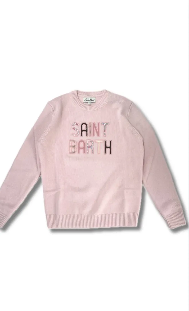 Maglioncino MC2 Saint Barth di colore Rosa, realizzato in misto lana. Presenta un patch logo Saint Barth applicato sul davanti.