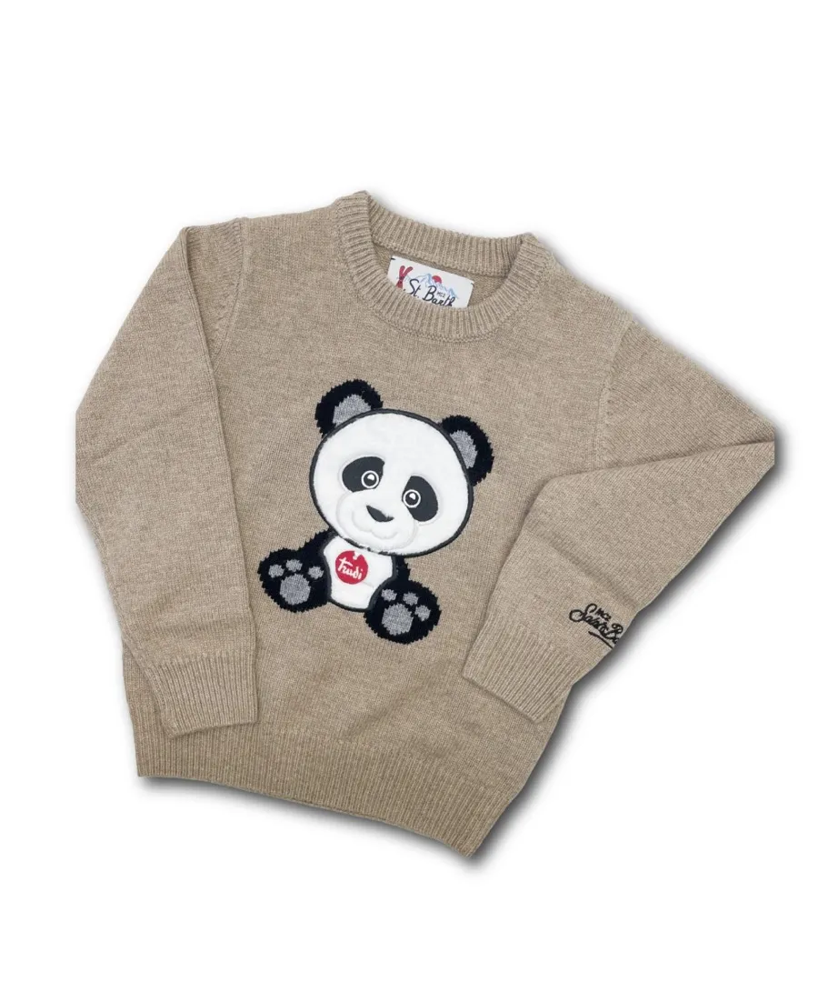 Maglione MC2 Saint Barth della collezione Trudi per bambini, colore Beige. Realizzato in misto lana/cashmere con ricamo di un panda Trudi che tiene un cuore rosso.