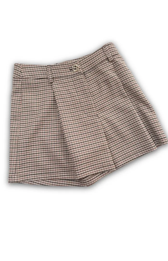 Pantaloncino corto Twinset per ragazza, fantasia Pied-de-poule nei toni del marrone e nero, con dettaglio a portafoglio e placca dorata in vita.