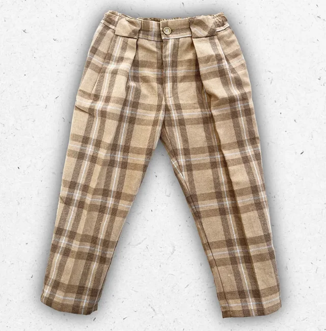 Pantalone Bambino Jeckerson Tartan Beige e Celeste in Misto Lino