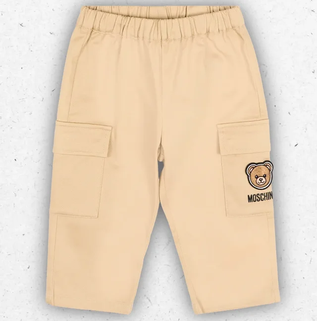Pantalone Cargo Neonati Moschino Kids Beige in Gabardina con Teddy Bear