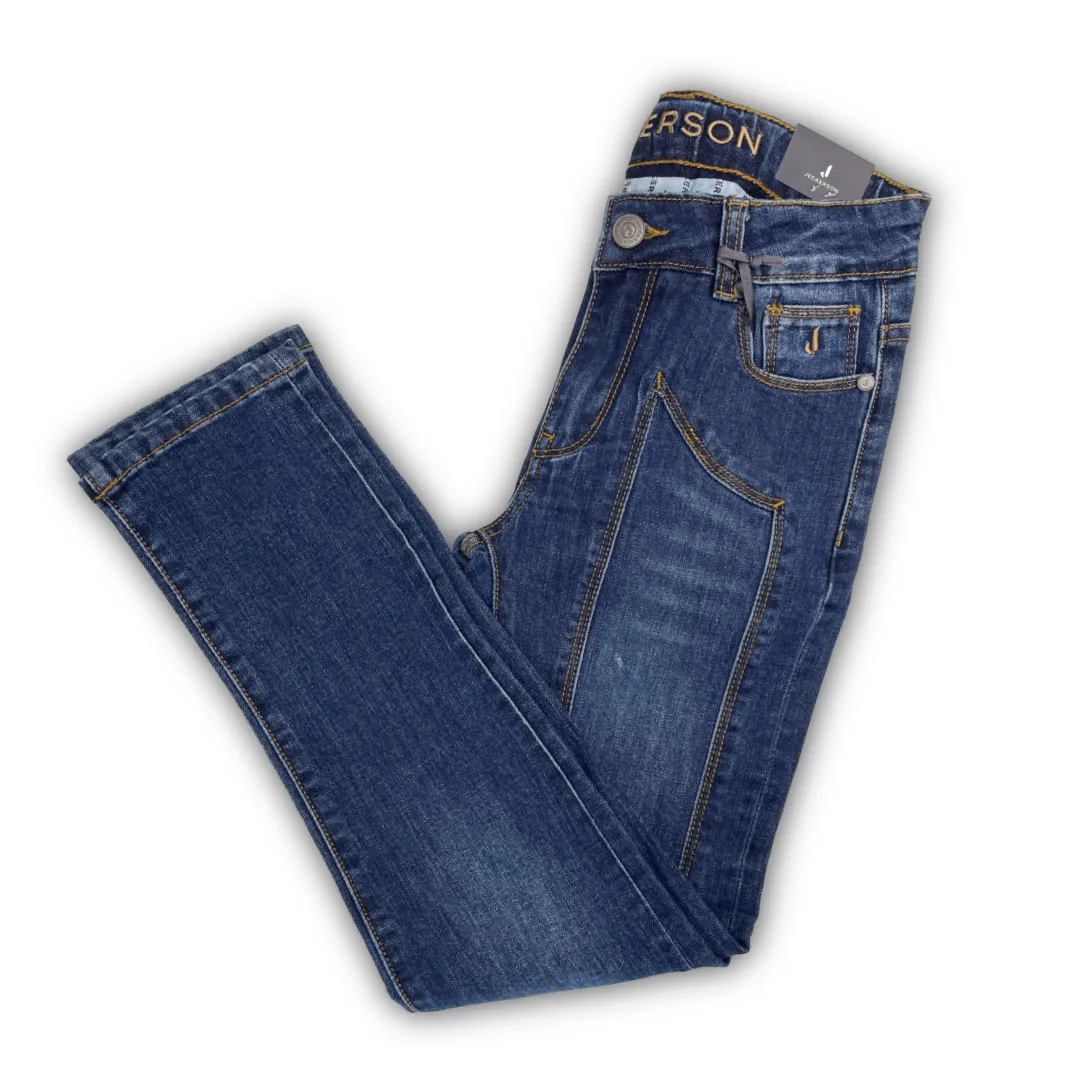 Jeans Jeckerson Regular Fit in denim blu scuro per ragazzo, con cuciture a vista e inserti di design sul davanti.