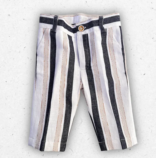 Pantalone Lungo Neonato Pure Firenze Misto Lino a Righe Bianche e Blu