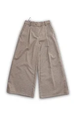 Pantalone Twinset a gamba larga (palazzo) per ragazza, in tessuto fantasia Pied-de-poule marrone e nero, con dettaglio logo dorato in vita. 1