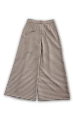Pantalone Twinset a gamba larga (palazzo) per ragazza, in tessuto fantasia Pied-de-poule marrone e nero, con dettaglio logo dorato in vita. 1
