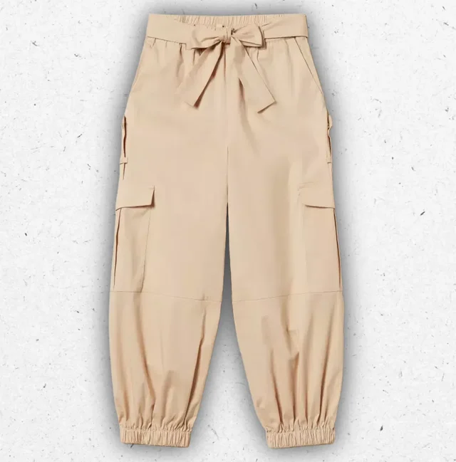 Pantaloni Cargo Ragazza Twinset in Popeline Beige Safari con Cintura a Fiocco