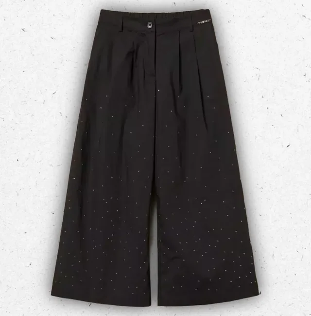 Pantaloni Cropped Ragazza Twinset Neri in Popeline con Borchie Dégradé