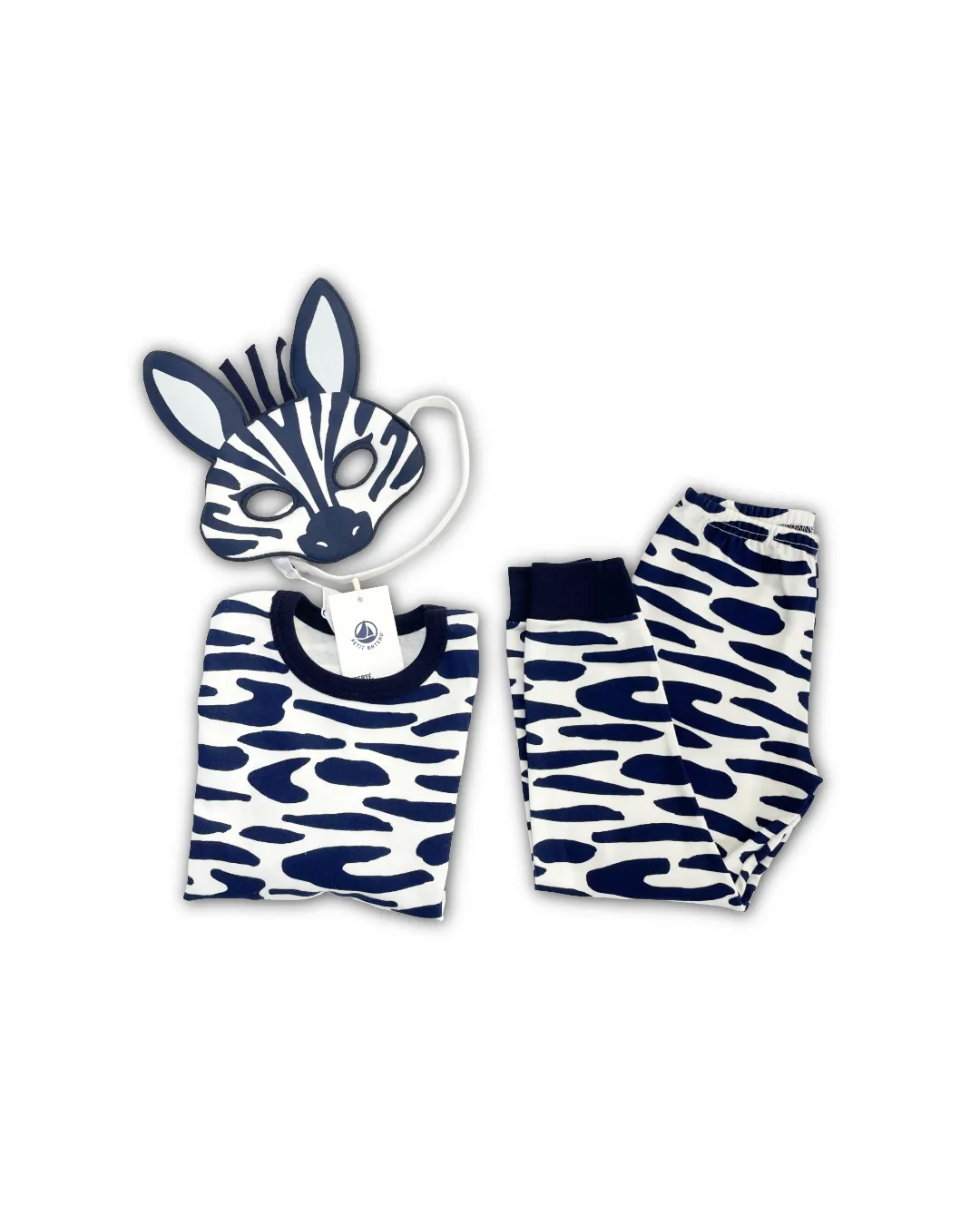 Pigiama Petit Bateau per bambino con maglia e pantalone lungo a stampa zebrata blu navy e bianca, inclusa mascherina da zebra.