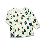 Pigiama Petit Bateau per bambino, completo in due pezzi bianco/crema con stampa all-over a tema bosco: alberi di Natale verdi e casette blu. 1