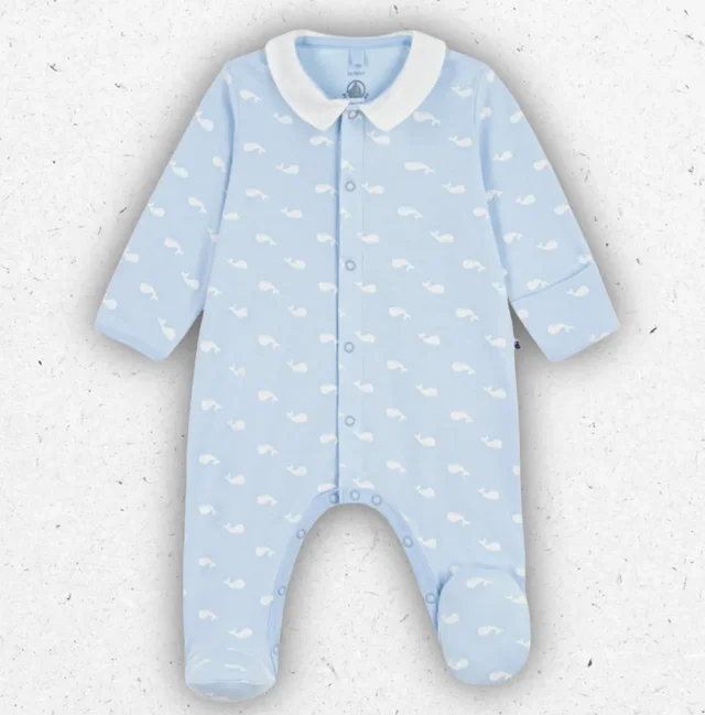Pigiama Neonato Petit Bateau Bianco a Costine con Colletto Stampa Balena