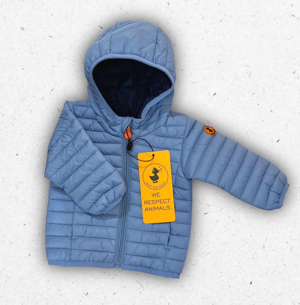 Piumino leggero 100 grammi da neonato Save The Duck modello NENE con cappuccio, disponibile in celeste e blu.