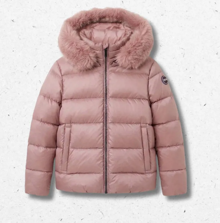 Piumino da bambina Colmar Originals rosa con cappuccio staccabile e pelliccia tono su tono in tessuto cangiante idrorepellente