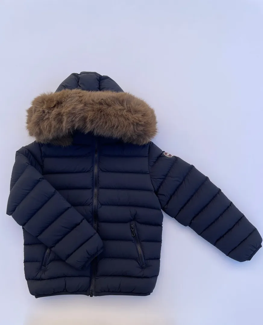 Blu Piumino in nylon Colmar Originals per bambino, con cappuccio e pelliccia sintetica removibile.