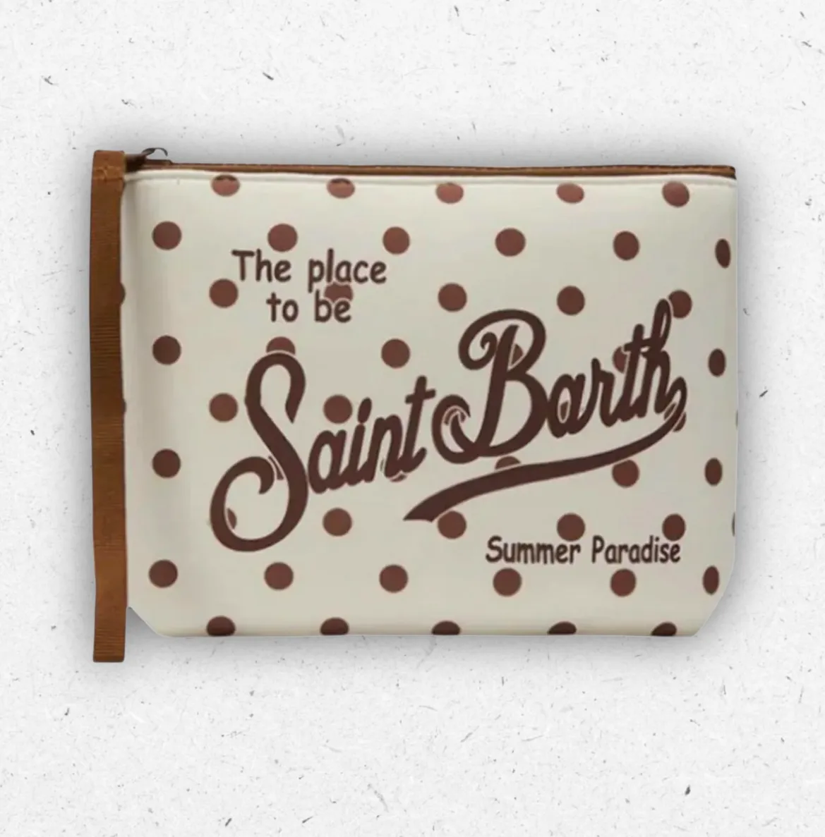 Pochette Aline MC2 Saint Barth con stampa a pois marroni su fondo beige, chiusura con zip e logo frontale stampato.