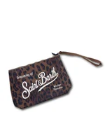 Pochette Aline MC2 Saint Barth in tessuto scuba con stampa effetto leopardo scuro. Dotata di cerniera e passante per polso in gros-grain. 1