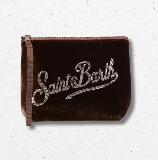 Pochette Aline MC2 Saint Barth in Velluto Marrone Cioccolato con Logo in Strass