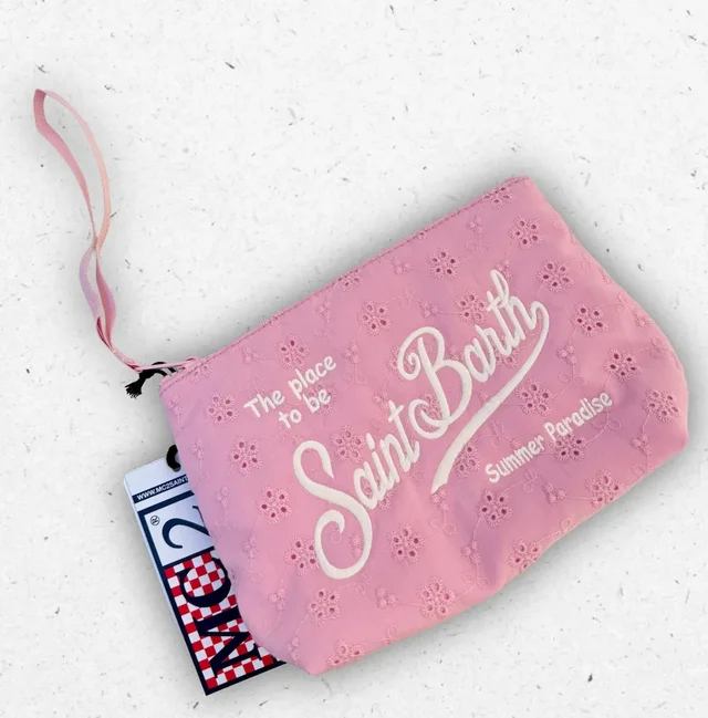 Pochette Aline MC2 Saint Barth Rosa in Pizzo San Gallo con Logo e Polsiera