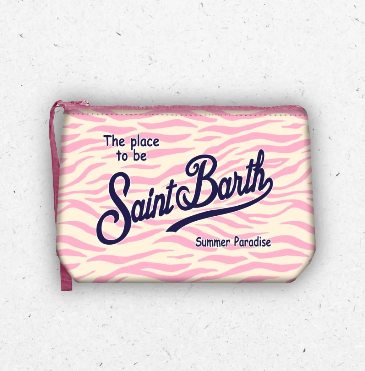 Pochette da bambina MC2 Saint Barth con stampa zebrata rosa, scritte decorative frontali e chiusura con zip nera.