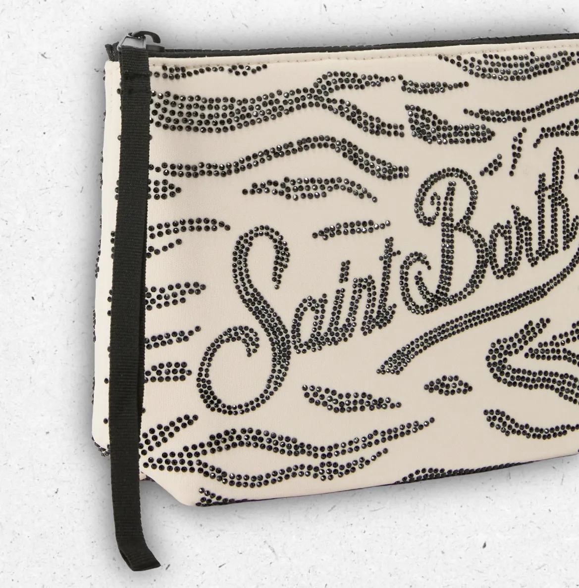 Pochette in tessuto scuba MC2 Saint Barth modello Aline con stampa zebrata bianca e nera e strass luminosi applicati.