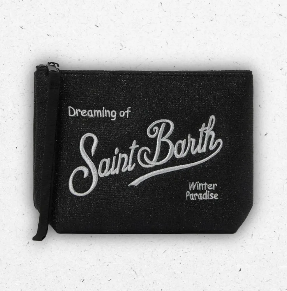Pochette nera scintillante in lurex e scuba MC2 Saint Barth modello Aline con logo ricamato e laccetto da polso.