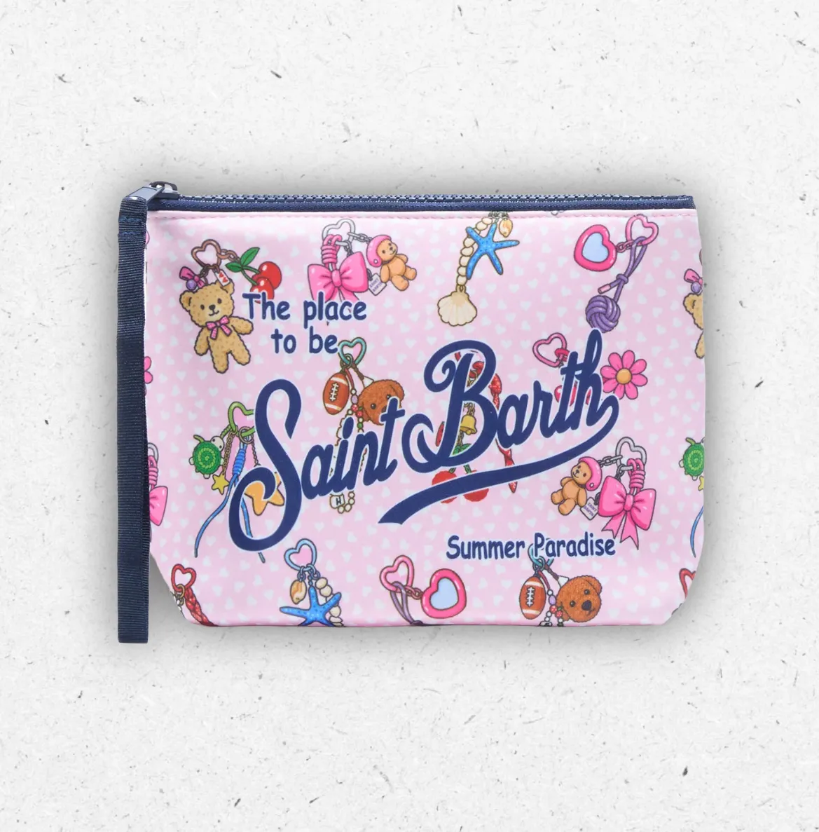 Pochette Aline rosa di MC2 Saint Barth in tessuto scuba con stampa Charms Party multicolor, logo frontale e laccetto blu.