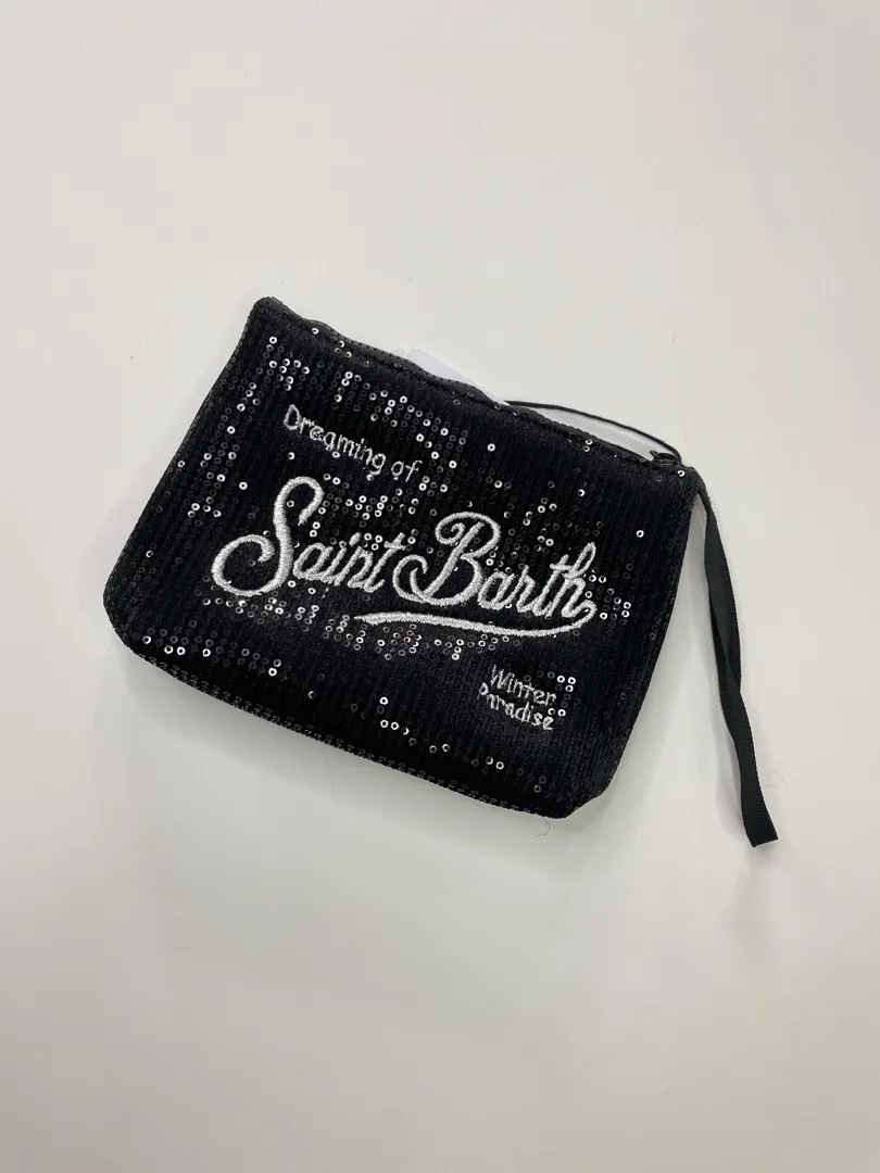 Pochette Mc2 Saint Barth modello Aline in velluto con paillettes nere e passante per il polso.