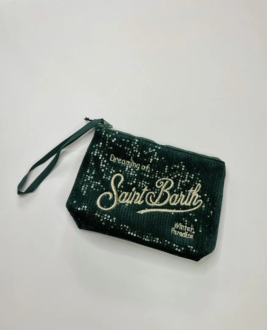 Pochette Mc2 Saint Barth modello Aline verde, in velluto con paillettes nere e logo ricamato.