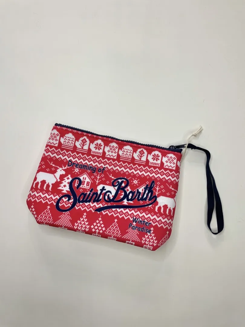 Pochette Mc2 Saint Barth modello Aline a tema natalizio Nordic Dear Santa, in tessuto scuba effetto scamosciato.
