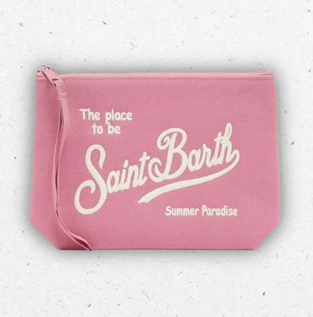 Pochette MC2 Saint Barth Aline Canvas Bianca con Logo Ricamato Nero
