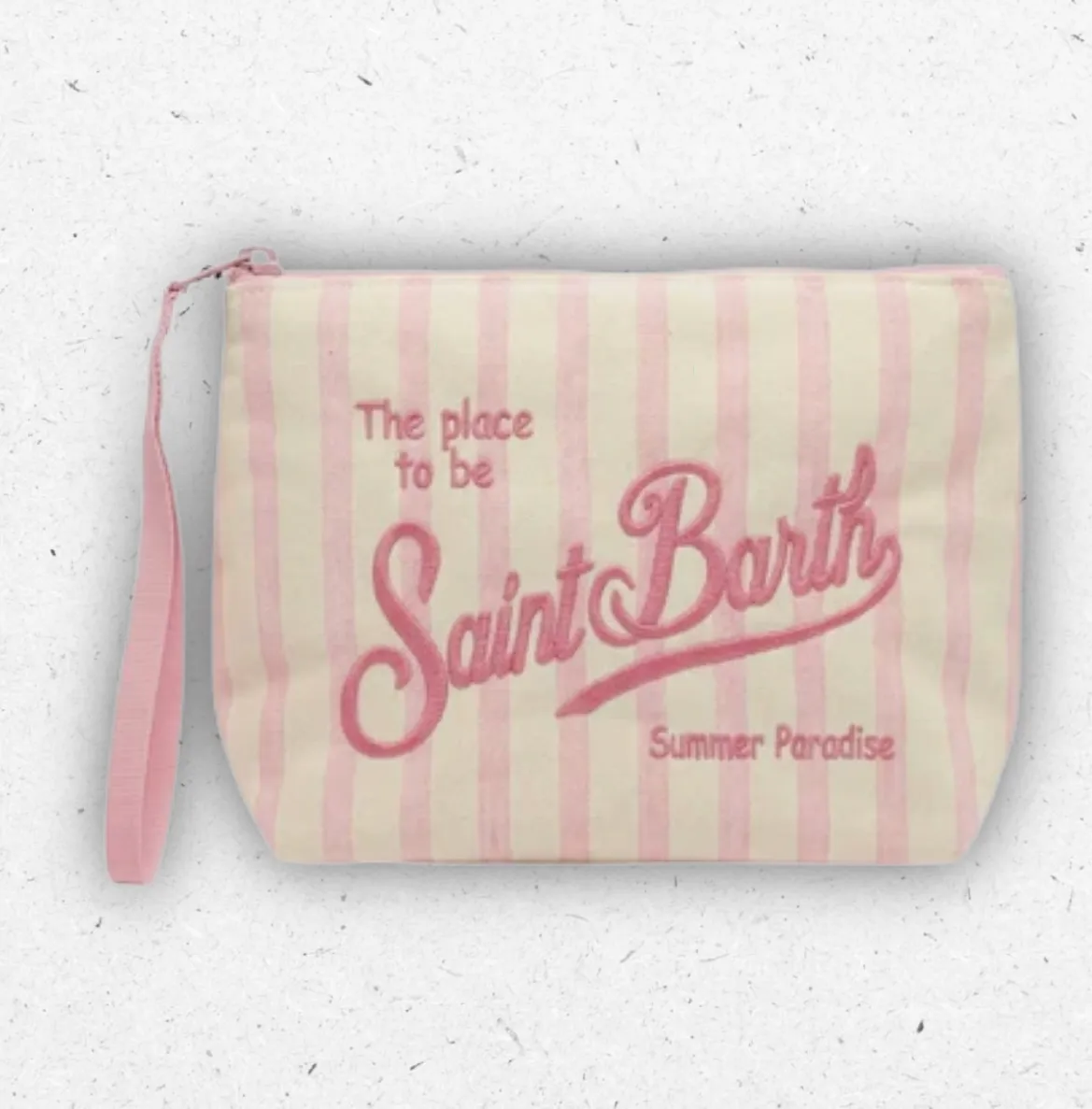 Pochette estiva a bustina MC2 Saint Barth modello Aline Cotton in cotone a righe verticali bianche e rosa, con chiusura a zip e logo frontale ricamato.