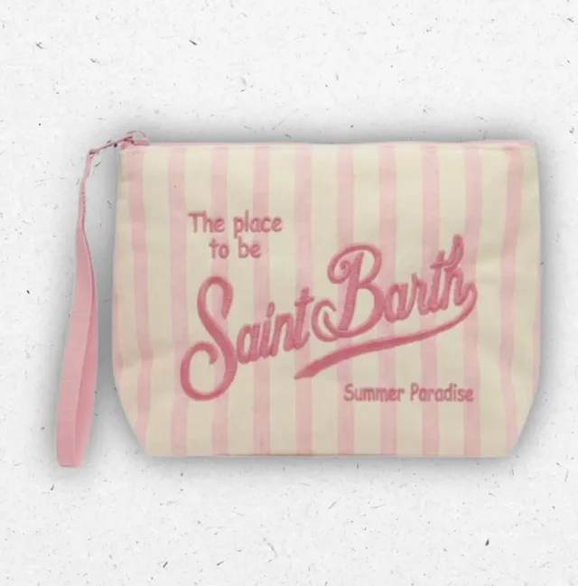 Pochette MC2 Saint Barth Aline Cotton a Righe Bianco e Rosa con Logo Ricamato
