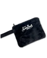 Pochette Pareasy nera in pelliccia (pelosa), con manico tessile e ricamo Saint Barth frontale. Dimensioni 20x25 cm. 1