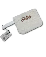 Pochette Pareasy bianca in pelliccia (pelosa), con manico tessile e ricamo Saint Barth frontale. Dimensioni 20x25 cm. 1